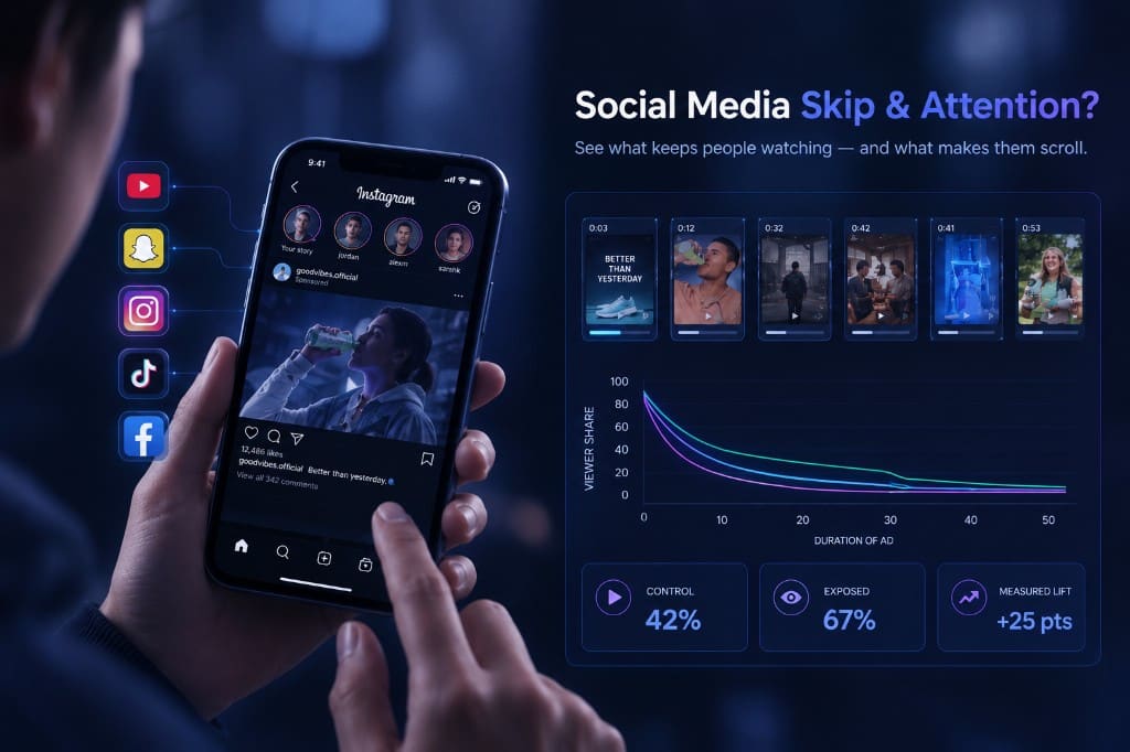 Social media skip and attention testing in a simulated feed